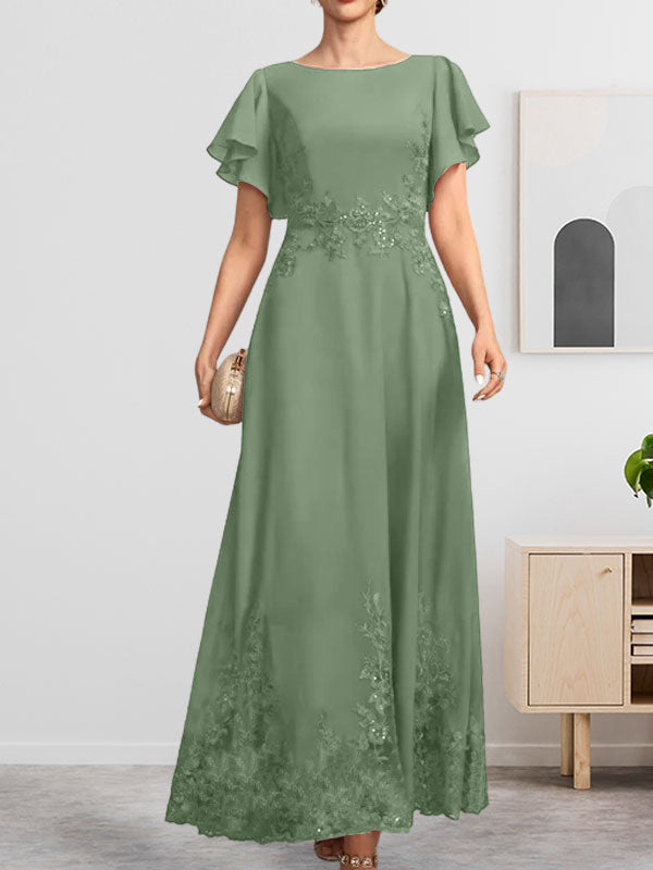 A-Linie U-Ausschnitt Knöchellang Spitzen-Chiffon-Kleid für die Brautmutter mit Pailletten