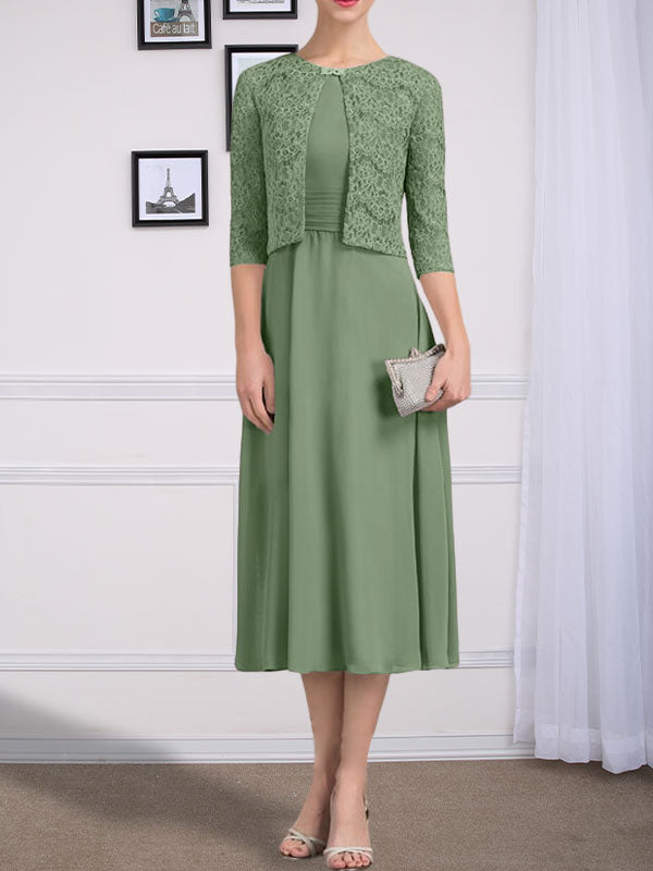 Vestido de gasa para madre de la novia con corte en A, escote redondo y largo hasta la rodilla con pliegues