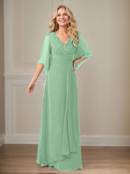 A-Linie V-Ausschnitt Lange Pailletten Chiffon Mutterkleid
