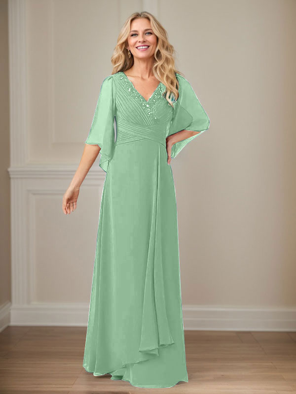 Vestido largo de gasa con lentejuelas y escote en V en forma de A para madre