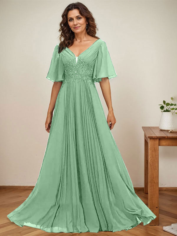 Vestido de gasa para madre de la novia, corte A, escote en V, largo hasta el suelo, con apliques de lentejuelas y encaje plisado