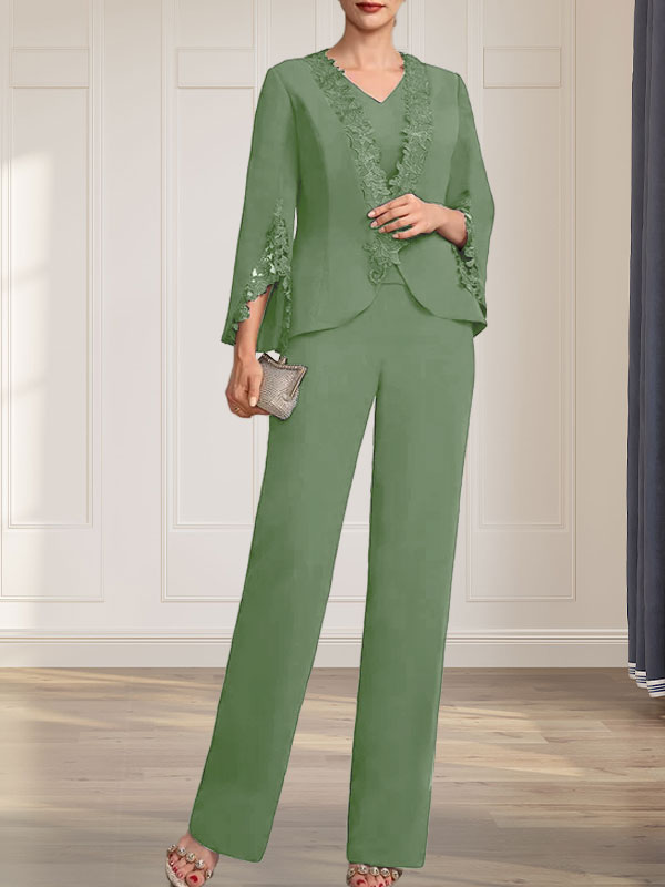 Vestido de gasa para madre de la novia, con escote en V y largo hasta el suelo, de mono/pantalón separado