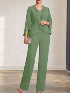Vestido de gasa para madre de la novia, con escote en V y largo hasta el suelo, de mono/pantalón separado