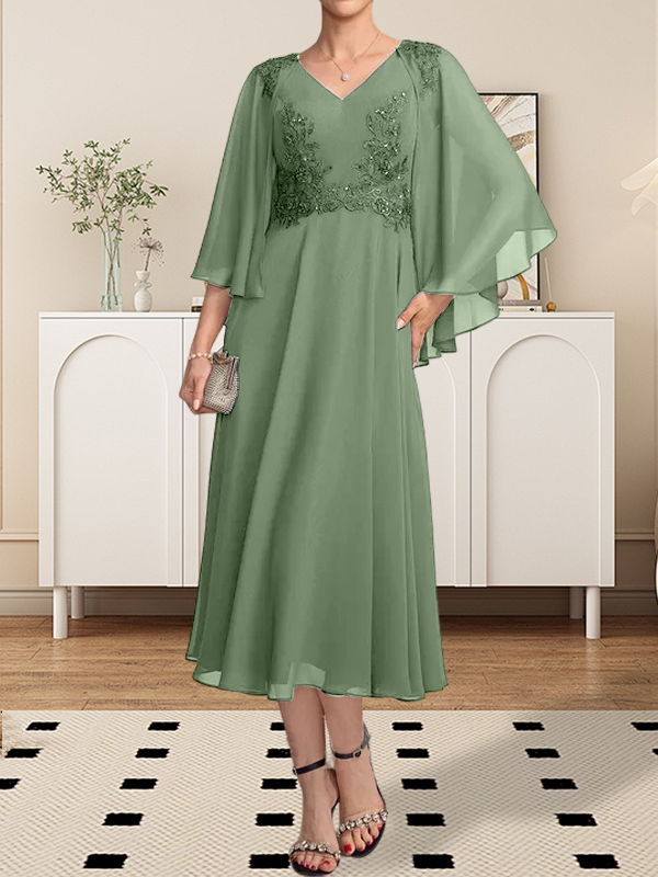 A-Linie V-Ausschnitt Wadenlanges Chiffon-Spitzenkleid für die Brautmutter mit Perlen und Pailletten