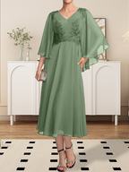 A-Linie V-Ausschnitt Wadenlanges Chiffon-Spitzenkleid für die Brautmutter mit Perlen und Pailletten