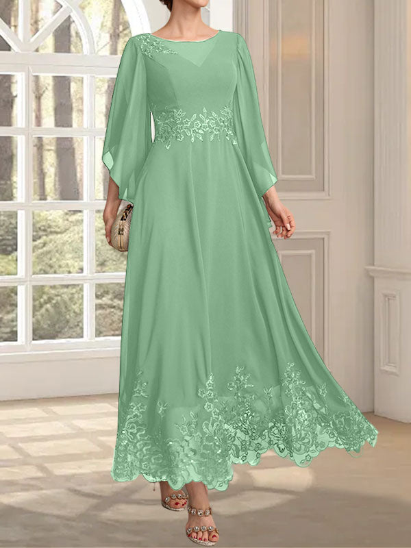 Vestido de gasa con encaje y lentejuelas para madre de la novia, corte A, escote ilusión, largo hasta los tobillos