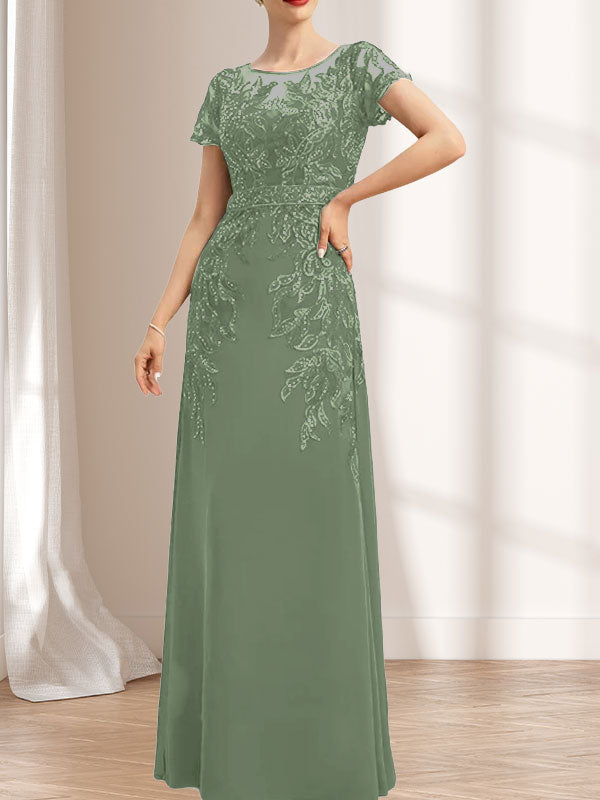 Vestido de madre de la novia de gasa con encaje, escote redondo, ilusión, largo hasta el suelo, con lentejuelas