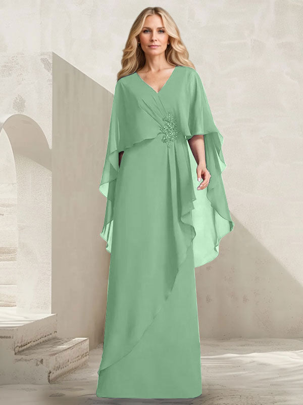 Vestido de gasa para madre de la novia con escote en V, corte A y largo hasta el suelo, con volantes en cascada y cuentas
