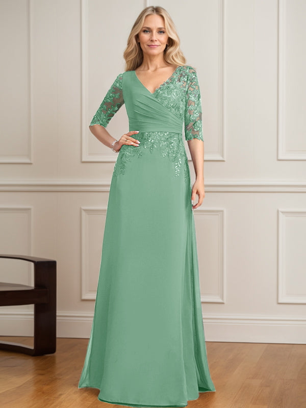 Vestido de madre de la novia de gasa con encaje, escote en V y lentejuelas plisadas hasta el suelo