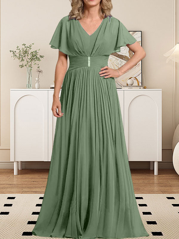 Vestido de gasa para madre de la novia, corte A, escote en V, largo hasta el suelo, con broche de cristal y plisado