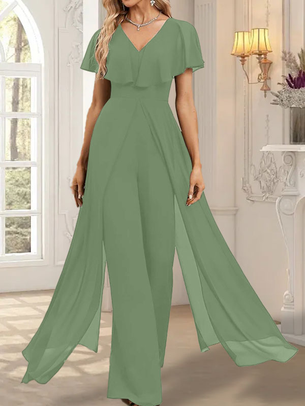 Vestido de noche de gasa con escote en V y largo hasta el suelo, tipo mono/pantalón