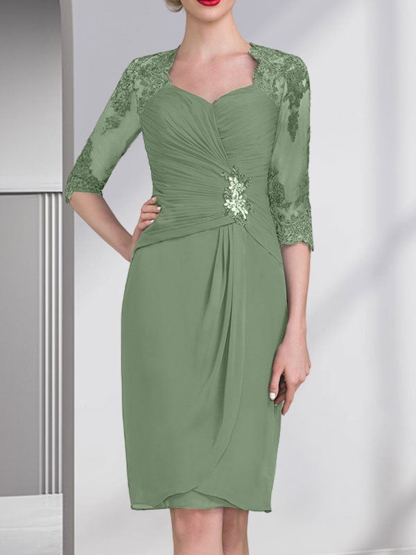 Vestido de gasa para madre de la novia con escote corazón, largo hasta la rodilla, con apliques de cuentas, encaje y lentejuelas plisado.