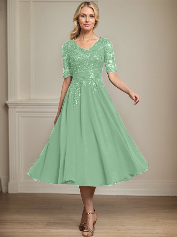Vestido de gasa con encaje y lentejuelas para madre de la novia, corte A, escote en V y largo hasta la rodilla