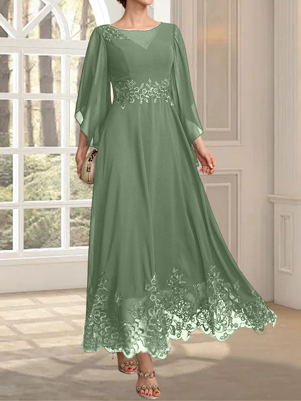 Vestido de gasa con encaje y lentejuelas para madre de la novia, corte A, escote ilusión, largo hasta los tobillos