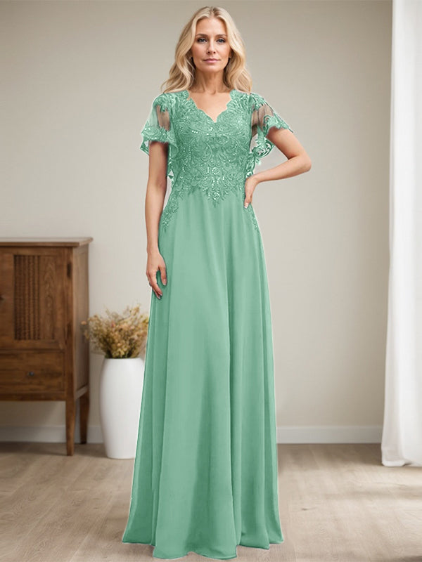 Vestido de madre de la novia de gasa con encaje, escote en V y lentejuelas, largo hasta el suelo