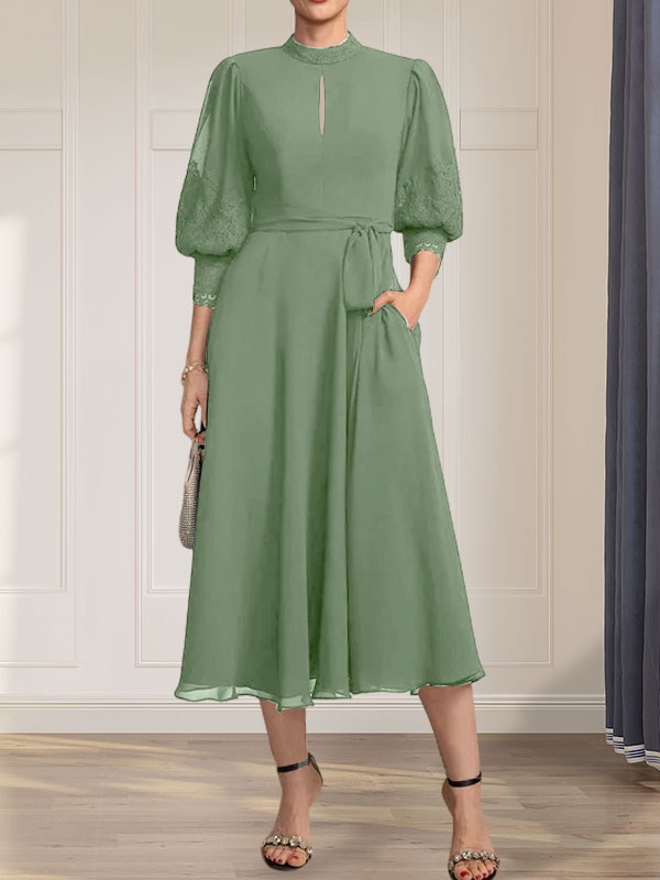 A-line High Neck Tea-Length Lace Chiffon Mother of the Bride Dress With Bow