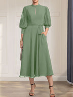 A-line High Neck Tea-Length Lace Chiffon Mother of the Bride Dress With Bow