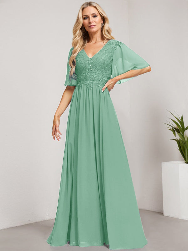 Vestido de madre de la novia de gasa con encaje, escote en V y lentejuelas, largo hasta el suelo