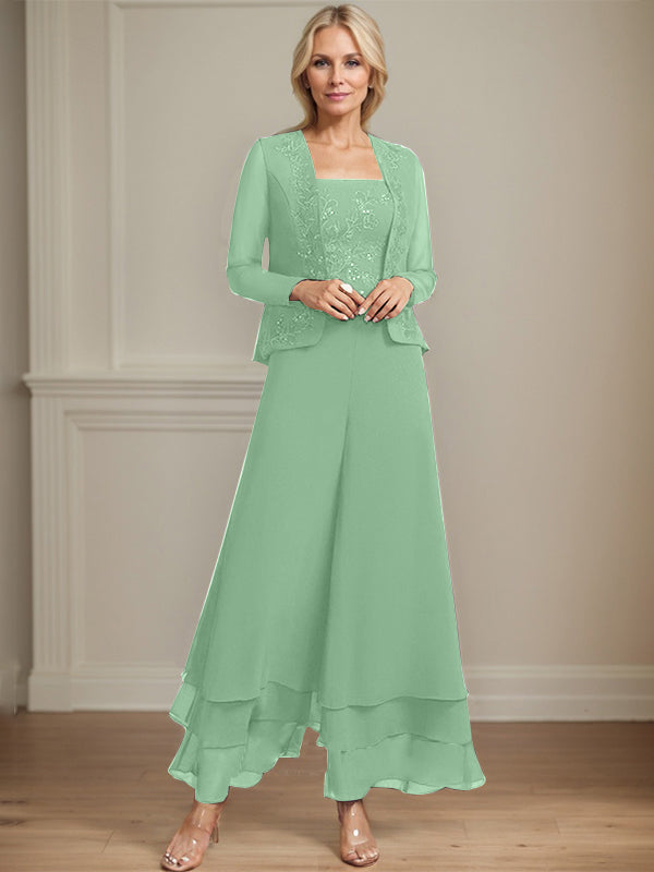 Vestido de madre de la novia de gasa con encaje y lentejuelas, largo hasta los tobillos, con mono/pantalón separado
