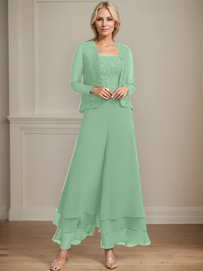 Separates Jumpsuit/Hosenanzug Quadratisches Knöchellanges Spitzenchiffonkleid für die Brautmutter mit Pailletten 