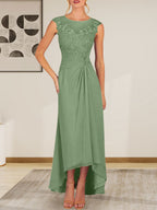 Vestido de gasa con encaje y escote redondo en forma de A color champán