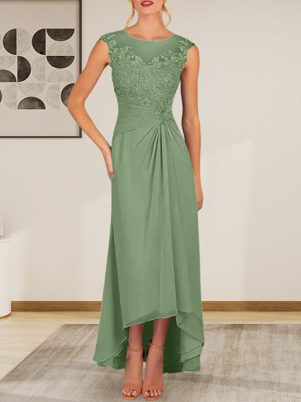 Vestido de gasa con encaje y escote redondo en forma de A color champán