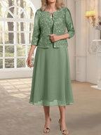 Vestido de gasa con encaje y lentejuelas para madre de la novia, corte A, escote redondo y largo hasta la rodilla