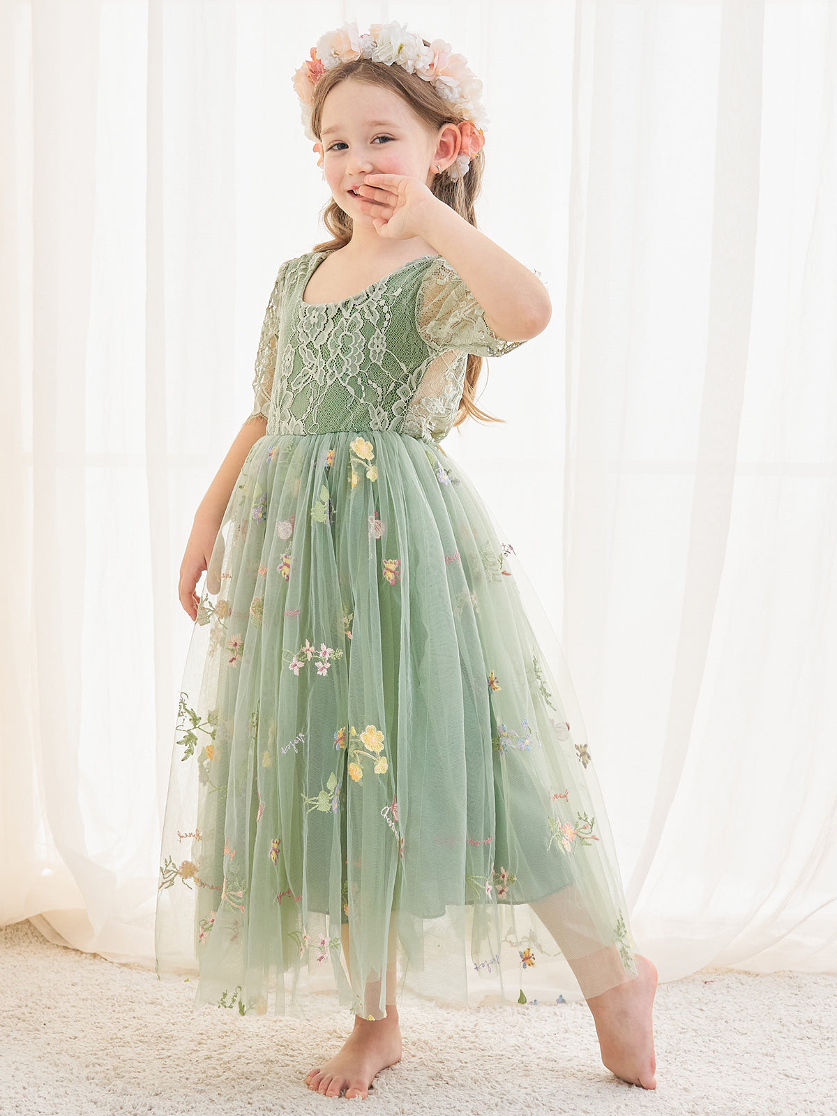 Salbeigrünes Blumenmädchenkleid aus Stoff mit U-Ausschnitt und Tüll (2003227581) 