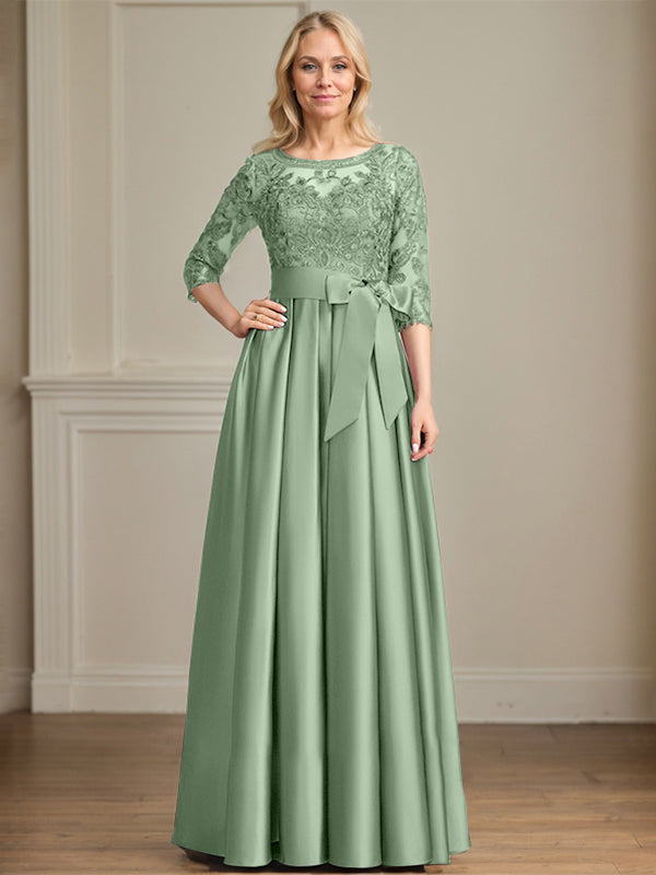 Vestido de madre de la novia de satén con encaje, corte A, escote ilusión, largo hasta el suelo, con lazo de lentejuelas