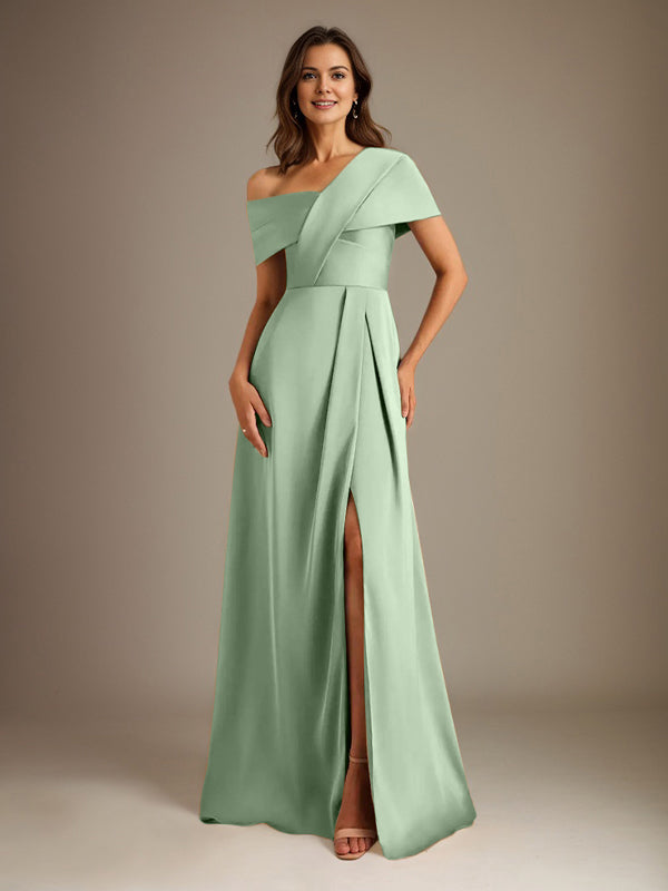 A-Line Asymmetrical Neckline Floor-Length Satin Mother of the Bride Dress With Pleated