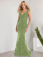 Vestido de novia de gasa con encaje, escote en V y largo hasta el suelo, con apliques de lentejuelas, estilo sirena