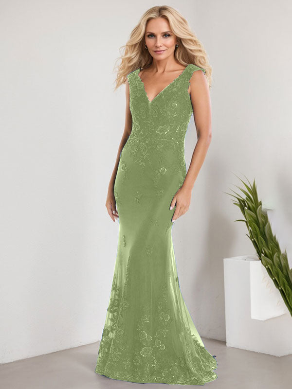 Vestido de novia de gasa con encaje, escote en V y largo hasta el suelo, con apliques de lentejuelas, estilo sirena