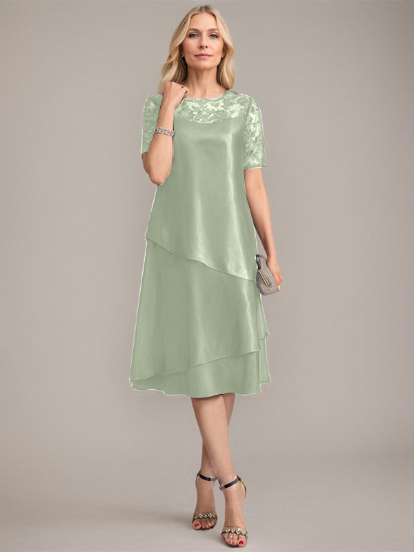 Vestido de madre de la novia con corte en A, escote redondo y largo hasta la rodilla, con apliques y lentejuelas