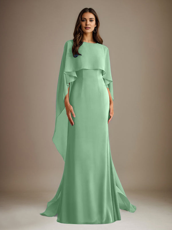 Vestido de gasa para madre de la novia, largo hasta el suelo, con escote barco y corte tubo/columna y volantes en cascada