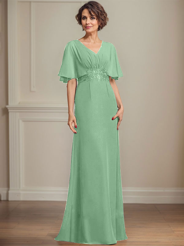 A-Linie V-Ausschnitt Bodenlanges Chiffonkleid für die Brautmutter mit plissierten Paillettenapplikationen Spitze