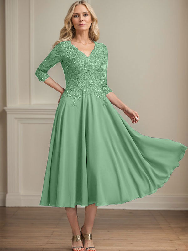 Vestido de gasa con encaje y escote en V para madre de la novia, largo hasta la rodilla, con lentejuelas y abalorios