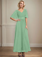Vestido de gasa para madre de la novia con escote en V, largo hasta los tobillos, corte A y lentejuelas plisadas con cuentas
