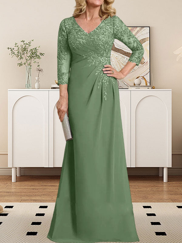 Etui-/Säulen-Kleid mit V-Ausschnitt, bodenlangem Illusion-Spitzen-Chiffon und plissierten Pailletten 