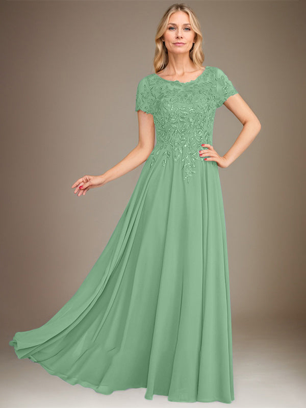 Vestido de gasa para madre de la novia, corte A, largo hasta el suelo, con apliques y lentejuelas