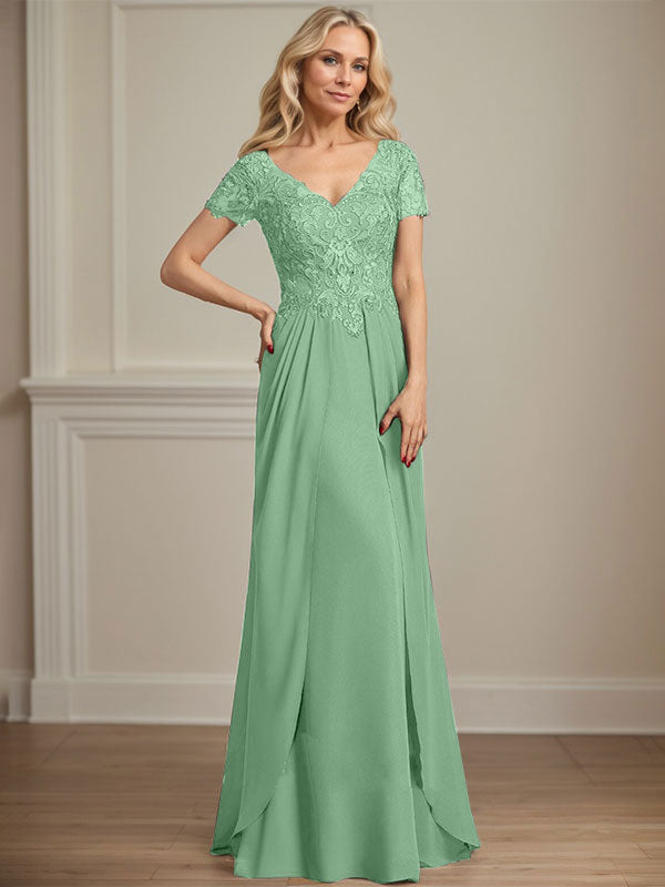 Vestido de gasa con encaje y escote en V hasta el suelo para madre de la novia