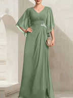 Vestido de gasa para madre de la novia, con escote en V, largo hasta el suelo, con lentejuelas plisadas y abalorios