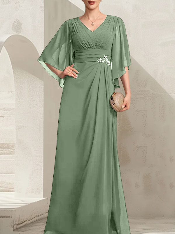 Vestido de gasa para madre de la novia, con escote en V, largo hasta el suelo, con lentejuelas plisadas y abalorios
