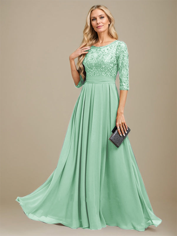 Vestido de madre de la novia de gasa con encaje, corte A, largo hasta el suelo y apliques de lentejuelas