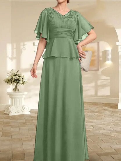 A-Linien-Kleid aus Chiffon mit V-Ausschnitt und bodenlangem Schnitt für die Brautmutter mit plissierten Perlen