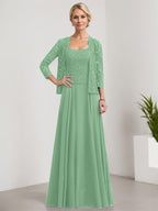 Vestido de madre de la novia de gasa con encaje, corte A, largo hasta el suelo, cuadrado y lentejuelas