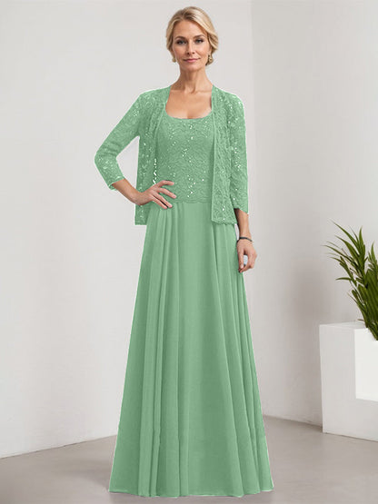 A-Linie Quadratisches Bodenlanges Spitzen-Chiffon-Kleid für die Brautmutter mit Pailletten 