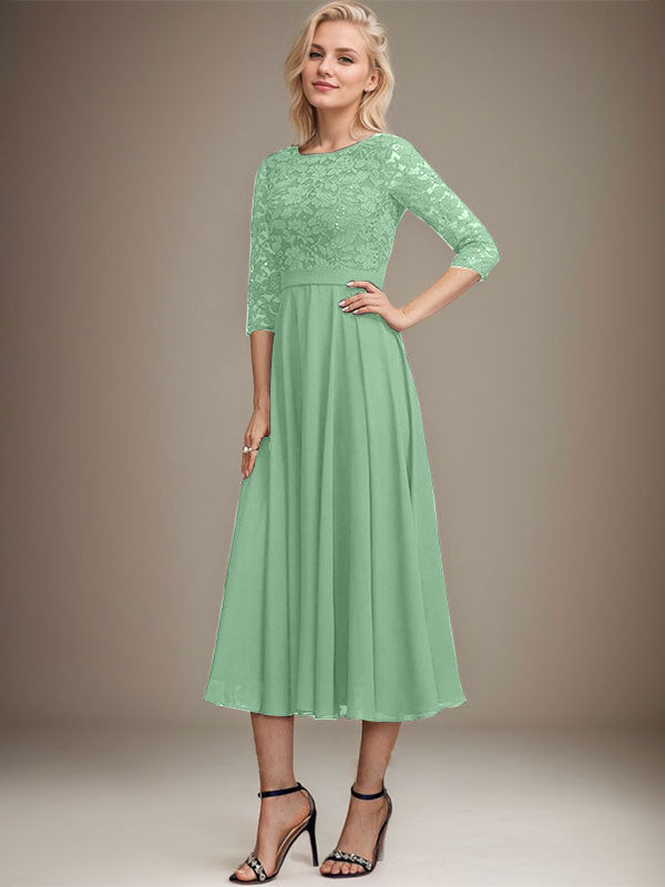 Vestido de gasa con encaje y lentejuelas para madre de la novia, corte A, escote redondo y largo hasta la rodilla