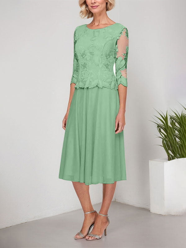 Vestido de gasa con encaje y bordado para madre de la novia, corte A, escote redondo y largo hasta la rodilla