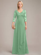 A-Linie V-Ausschnitt Bodenlanges Spitzen-Chiffon-Kleid für die Brautmutter mit kaskadierenden Rüschen und Pailletten 