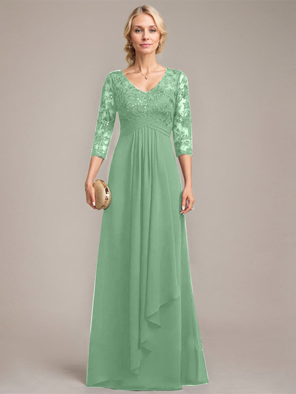 Vestido de madre de la novia de gasa con encaje, escote en V, largo hasta el suelo, con volantes en cascada y lentejuelas